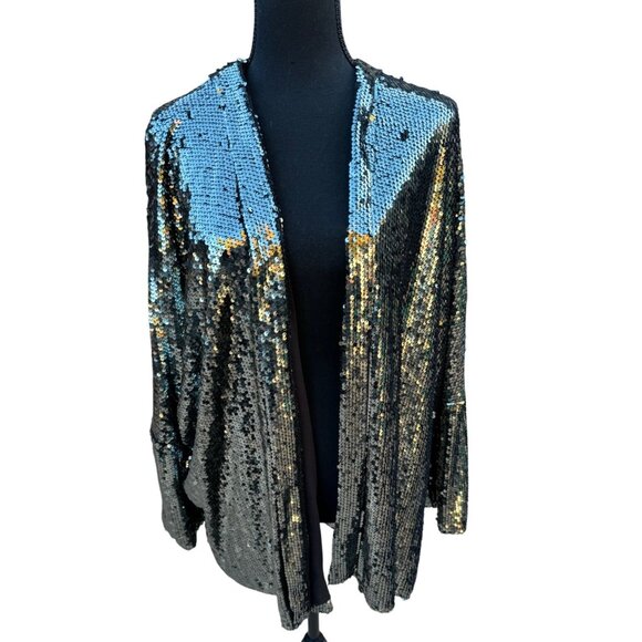Gee Gee Sequin Open Front Jacket Duster Cardigan M Black Gold Formal Party Disco - Picture 1 of 11